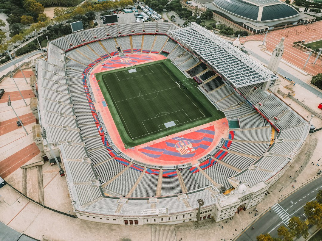 Aerial view of a Barcelona football stadium, linked to the La Masia rumour about Thiago Messi