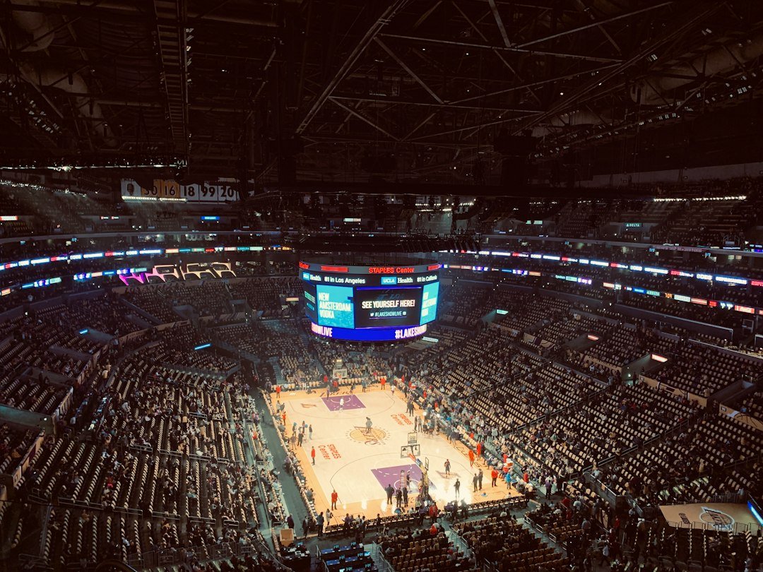 View from the upper deck of a Los Angeles Lakers game at an NBA arena