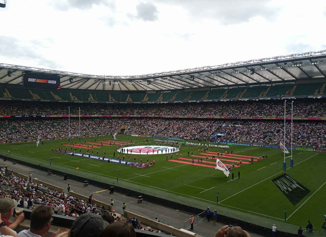 Large stadium filled with sports fans on a big match day