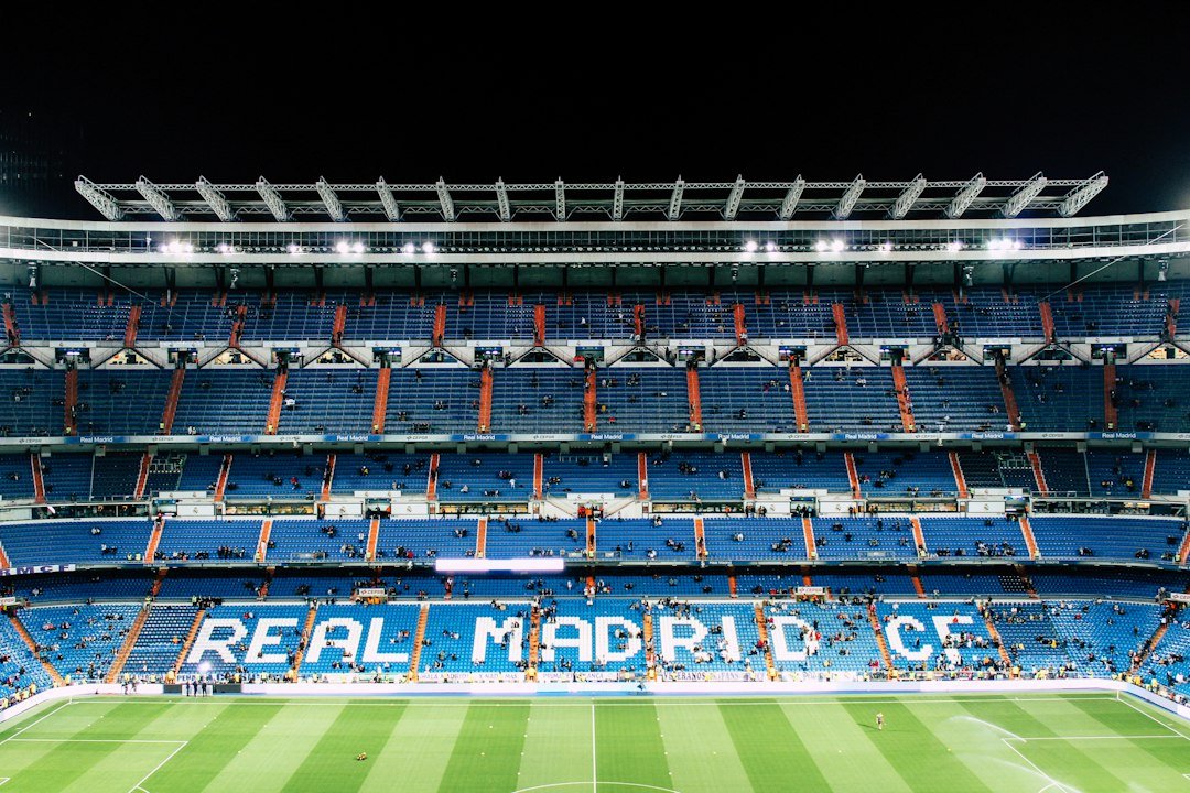 Santiago Bernabéu stadium in Madrid, home of Real Madrid, at night